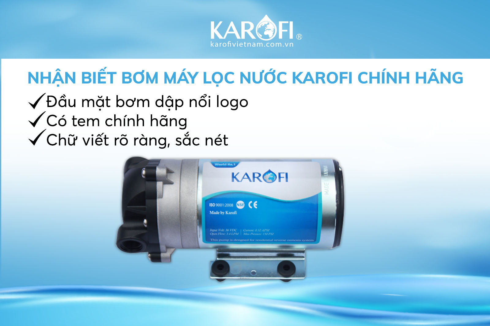 Nhận biết bơm máy lọc nước Karofi chính hãng