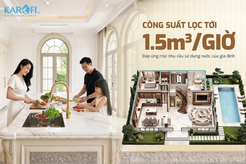 Hệ thống lọc tổng Karofi WHF-E666T c&oacute; c&ocirc;ng suất l&ecirc;n tới 1500l/h