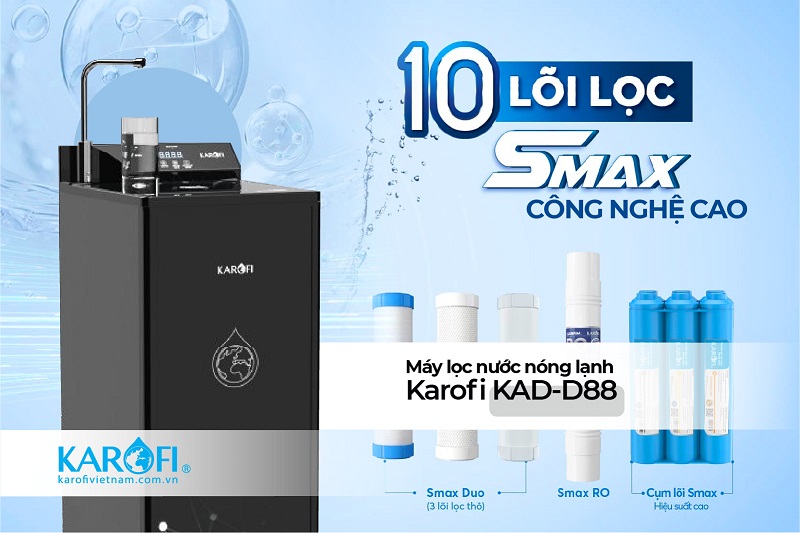 Máy lọc nước nóng lạnh karofi KAD-D88 hệ thống 10 lõi lọc công nghệ cao