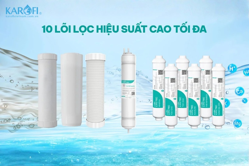 Máy lọc nước Karofi Livotec 612S được trang bị hệ thống 10 lõi lọc vô cùng ưu việt