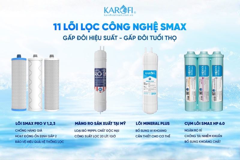 M&aacute;y lọc nước n&oacute;ng lạnh Karofi KAD D66S trang bị 11 l&otilde;i lọc