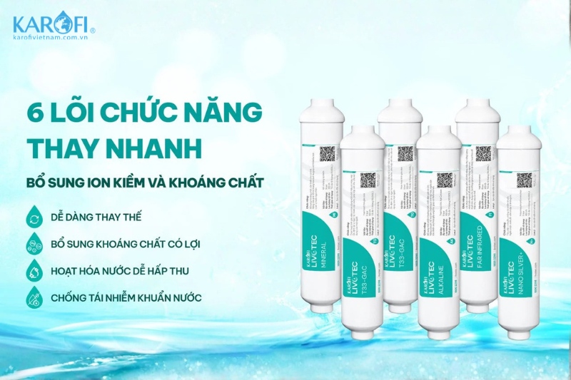 Karofi Livotec 628S c&oacute; 6 l&otilde;i chức năng bổ sung kho&aacute;ng chất v&agrave; n&acirc;ng cao pH