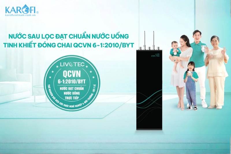 Karofi Livotec 628S đ&aacute;p ứng ho&agrave;n to&agrave;n ti&ecirc;u chuẩn nước uống đ&oacute;ng chai theo QCVN 6-1