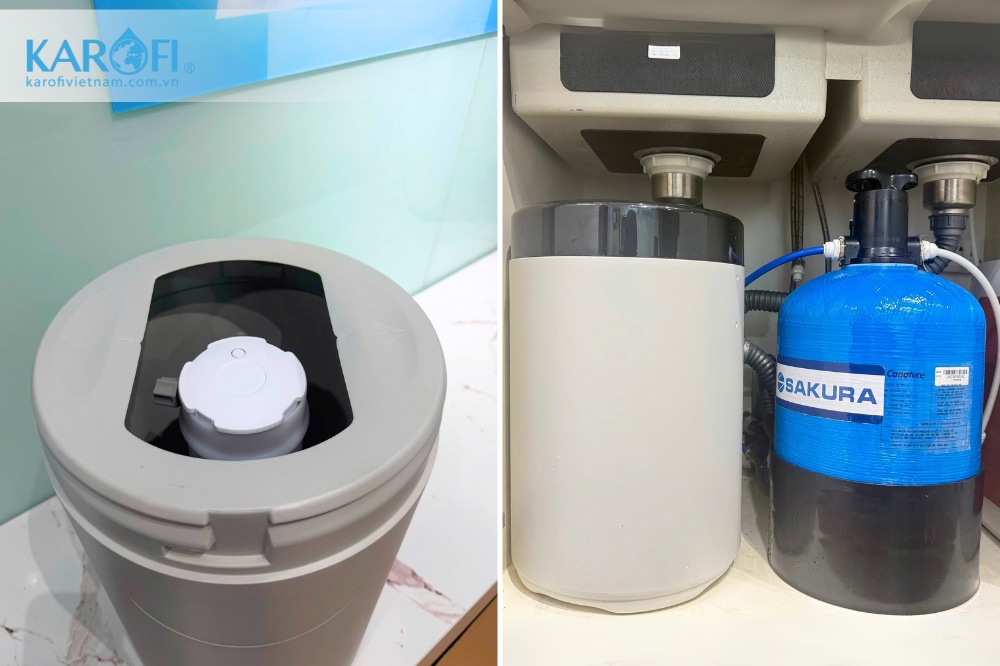 Hình ảnh thực tế lọc nước đầu nguồn khử canxi S1015A Sakura kết hợp thùng muối hoàn nguyên