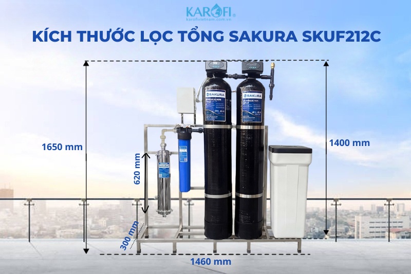 Th&ocirc;ng số k&iacute;ch thước hệ thống lọc tổng 2 cột Sakura SKUF212C