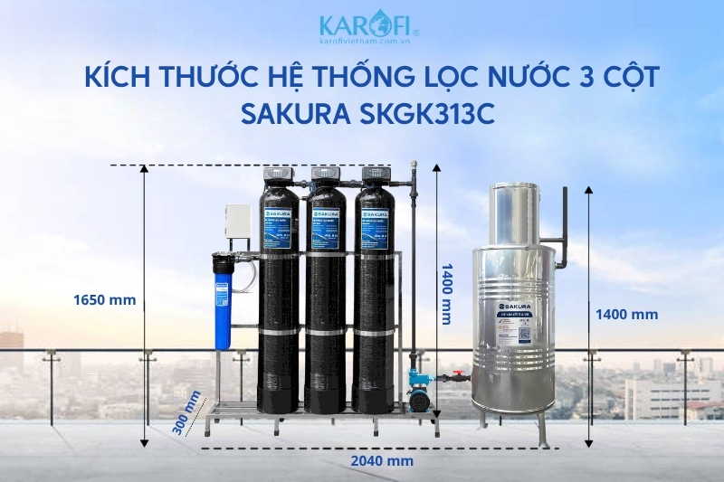 Kích thước hệ thống lọc nước giếng khoan Sakura SKGK313C