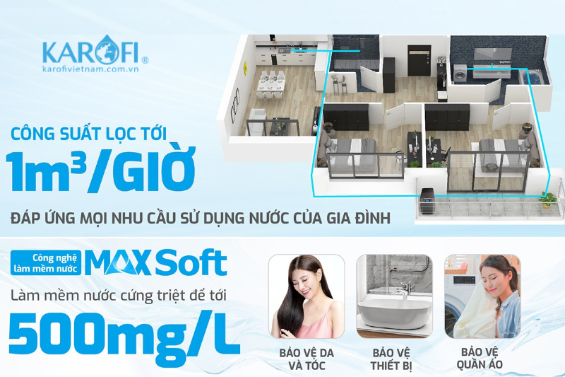 Lọc tổng trung tâm Karofi KTF-P01 có hiệu suất làm mềm nước triệt để lên tới 500mg/L