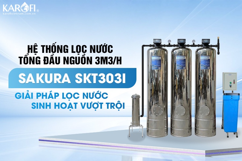 Máy lọc tổng đầu nguồn 3 cột inox 304 động sục rửa Sakura SKT303I công suất 3m3/h