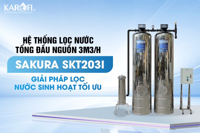 Lọc tổng đầu nguồn 2 cột inox 304 động sục rửa công suất 3m3/h Sakura SKT203I 
