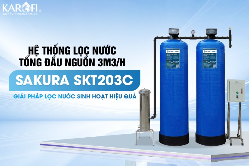 Hệ thống lọc tổng đầu nguồn 2 cột áp lực tự động sục rửa 3m3/h Sakura SKT203C