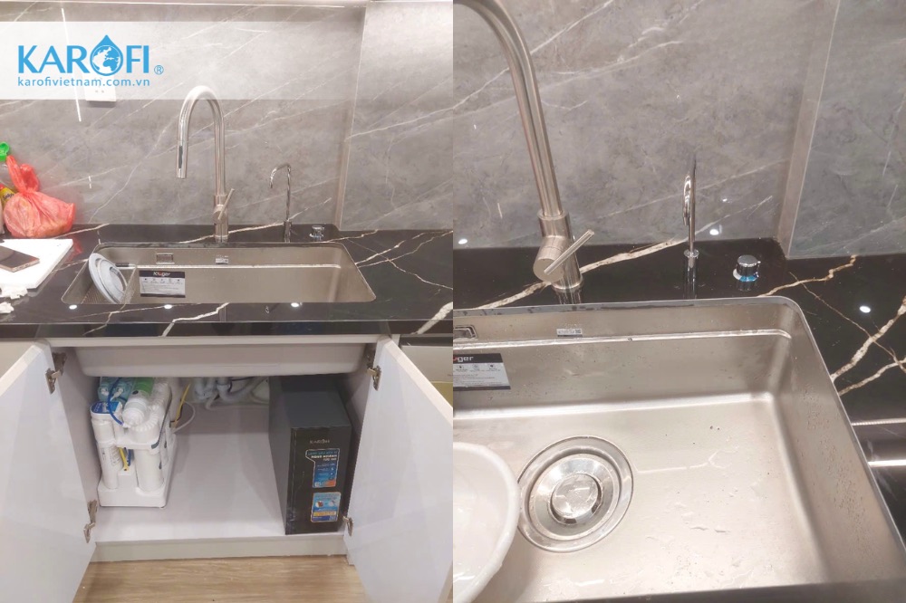 Hình ảnh thực tế lắp đặt combo máy lọc nước nóng lạnh âm tủ KAQ-U50K + KAO-T90