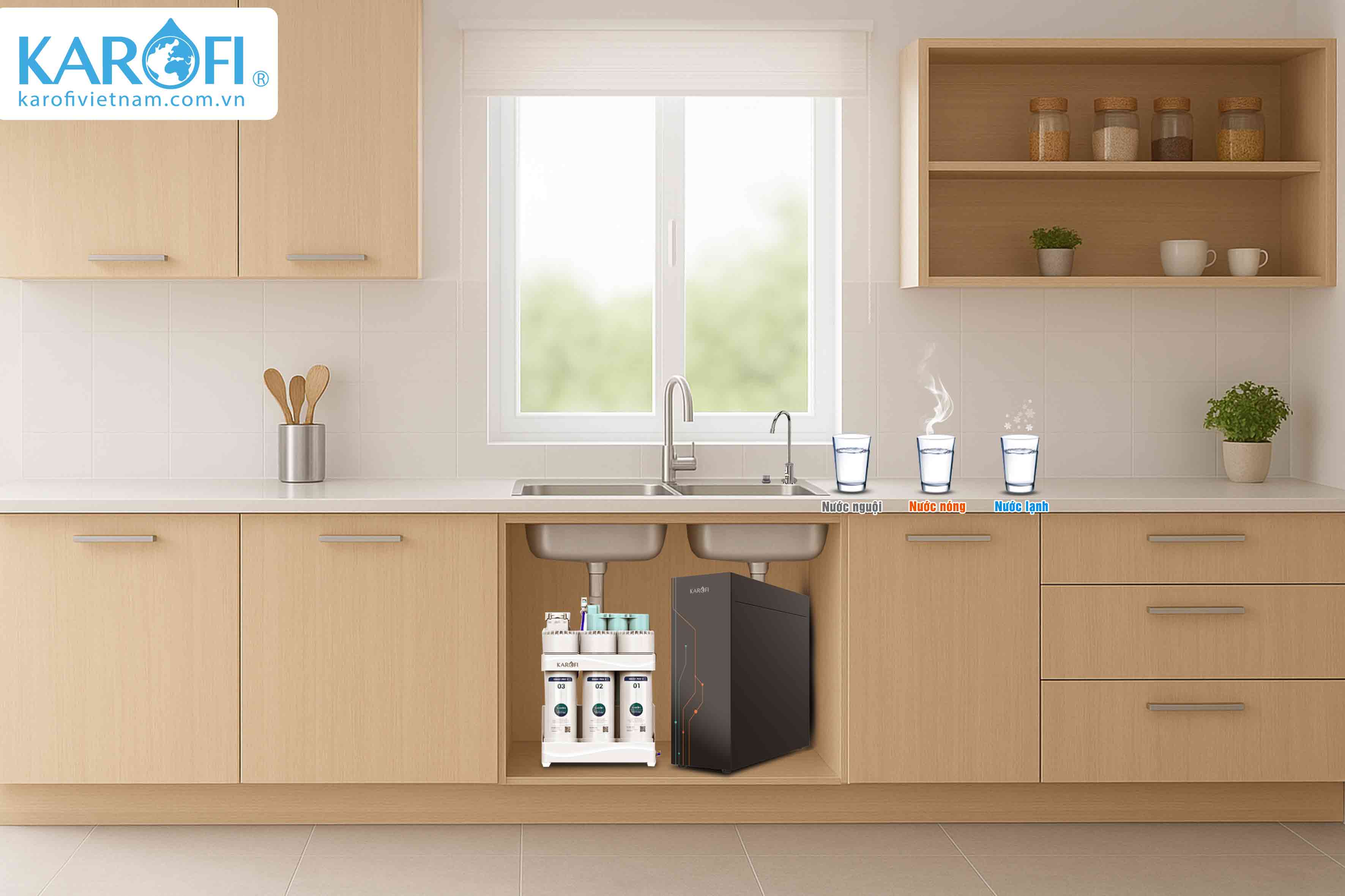 Combo máy lọc nước Karofi KAQ-U95 + máy làm nóng lạnh KAO-T90