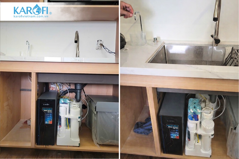 Hình ảnh thực tế lắp đặt combo máy lọc nước nóng lạnh âm tủ