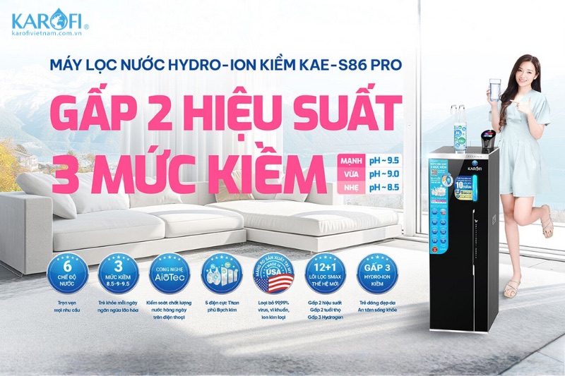 Máy lọc nước nóng lạnh 12 + 1 cấp lọc Hydro-ion kiềm Karofi KAE-S86 PRO