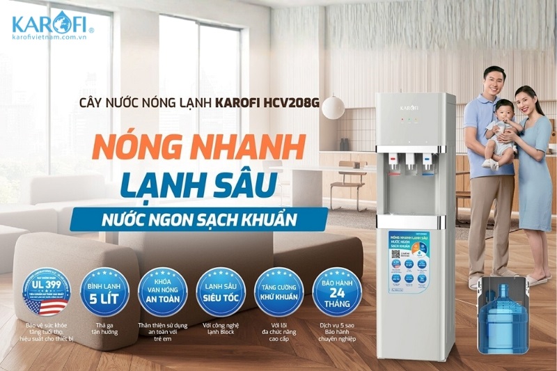 Cây lọc nước nóng lạnh 11 cấp lọc Karofi HCV208G chính hãng, tiện lợi