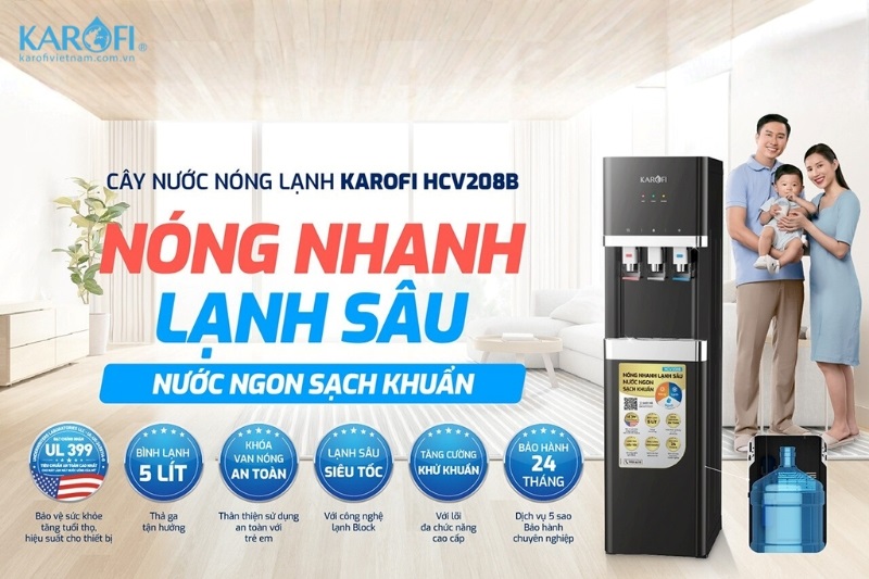 C&acirc;y lọc nước n&oacute;ng lạnh 1 cấp lọc Karofi HCV208B ch&iacute;nh h&atilde;ng