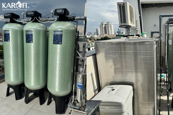 Sự kết hợp giữa lọc tổng Sakura công suất 5m3/h SKT305C và bể inox đặt nổi Sakura 3000L