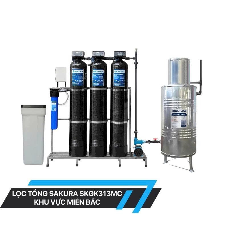 Hệ thống lọc nước giếng khoan 3 cột xử lý canxi làm mềm nước tự động hoàn nguyên Sakura SKGK313MC