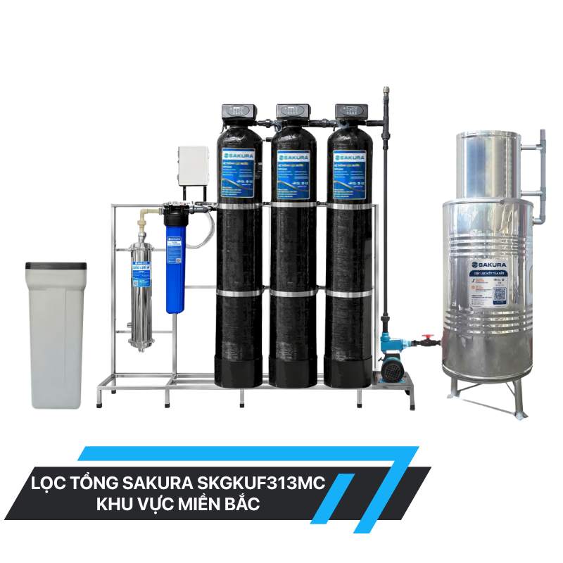 Hệ thống lọc nước giếng khoan 3 cột xử lý canxi làm mềm nước tự động hoàn nguyên có màng siêu lọc UF Sakura SKGKUF313MC