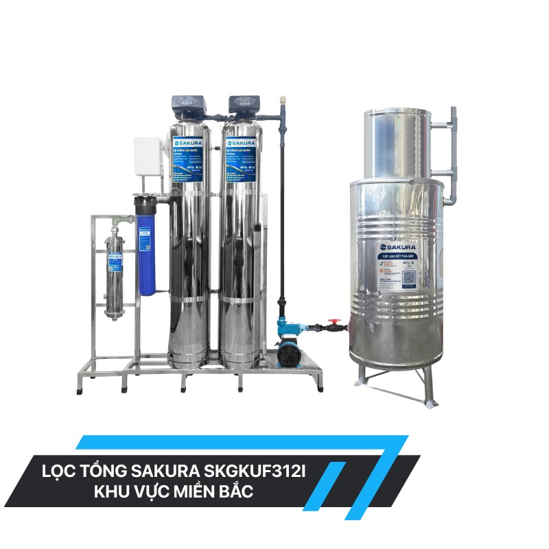 Hệ thống lọc nước giếng khoan inox 304 2 cột áp lực tự động sục rửa có màng siêu lọc UF Sakura SKGKUF312I
